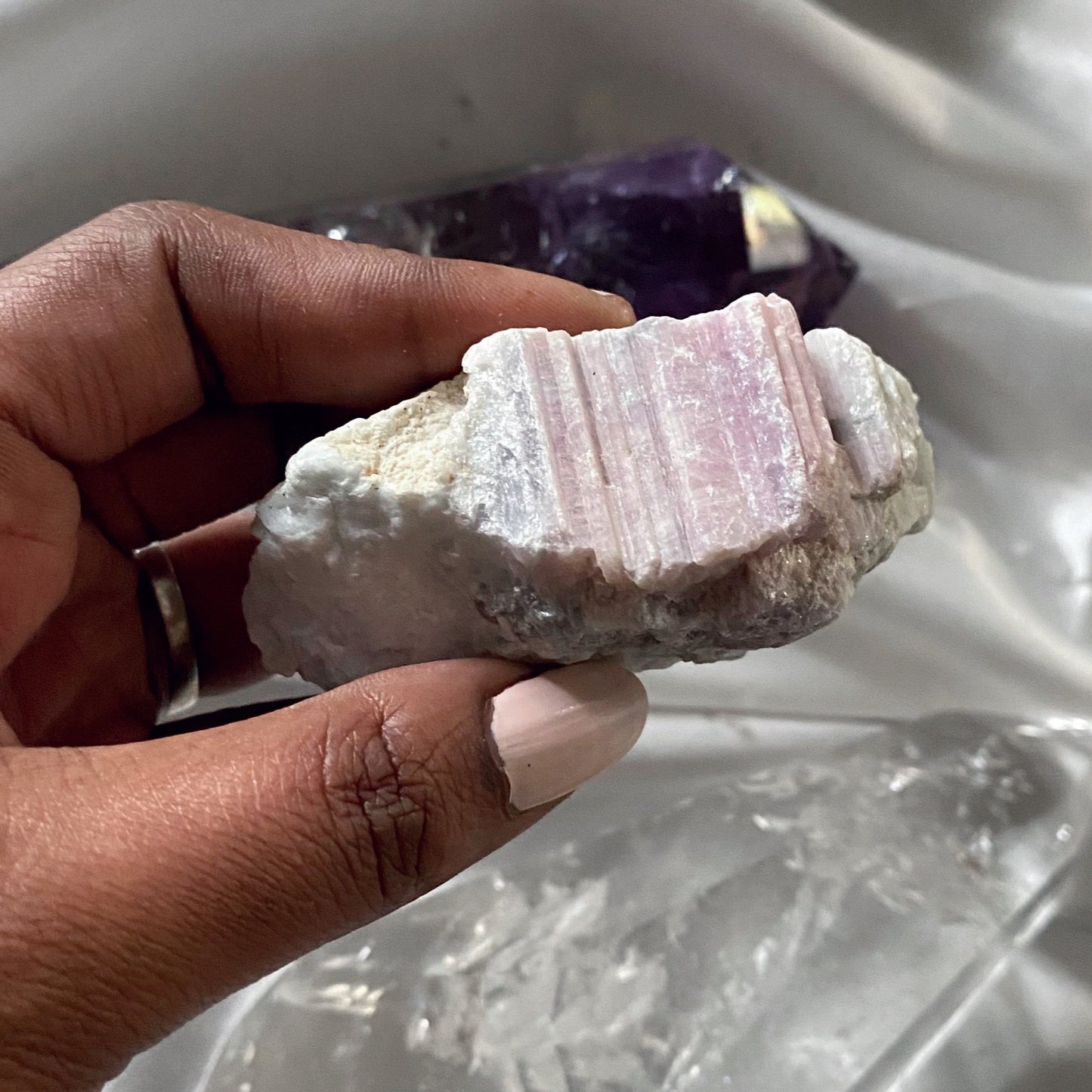 Pink Tourmaline in Aquamarine and Quartz Matrix